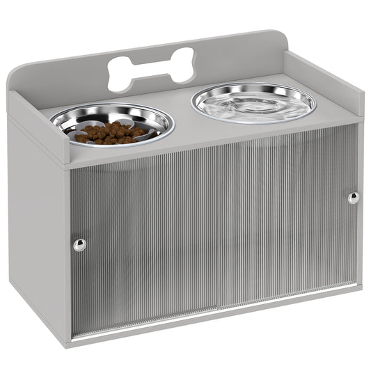 Elevated Dog Bowls with Storage, Raised Dog Bowl Stand with 2 Stainless Steel Food Dishes and Slow Feeder, Pet Feeding Station for Large Breeds, Gray