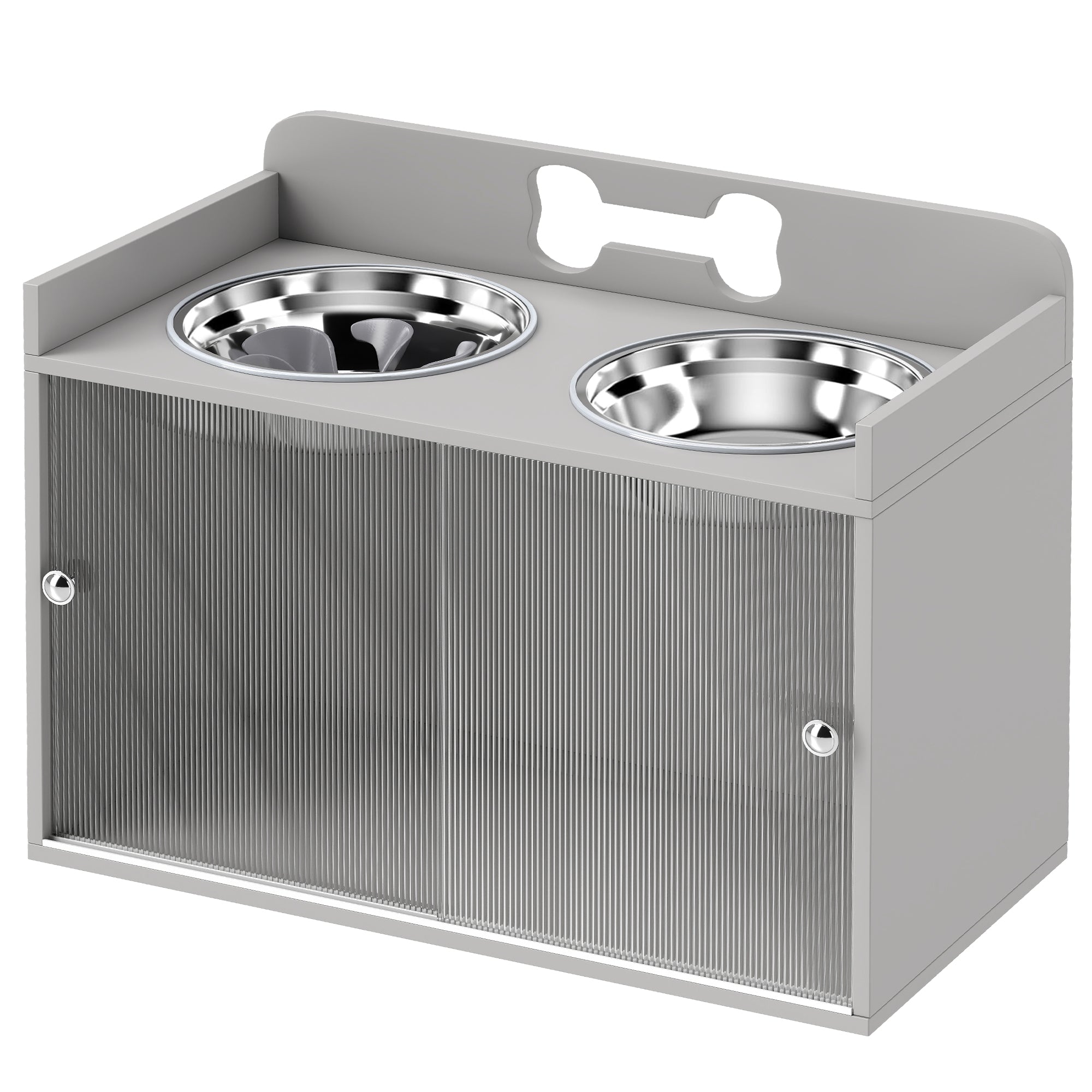 Elevated Dog Bowls with Storage, Raised Dog Bowl Stand with 2 Stainless Steel Food Dishes and Slow Feeder, Pet Feeding Station for Large Breeds, Gray