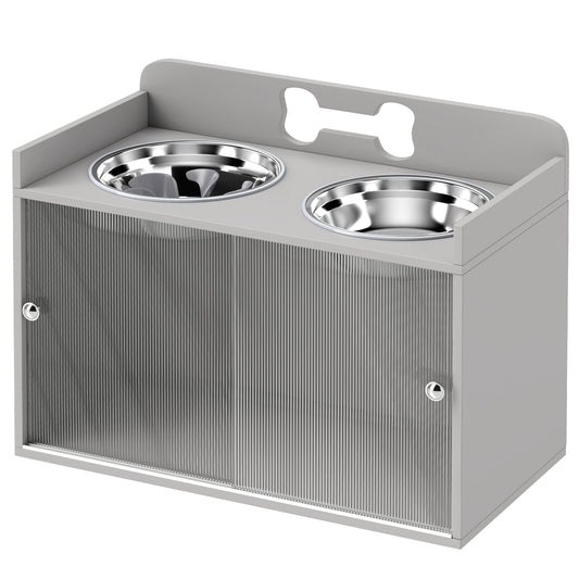 Elevated Dog Bowls with Storage, Raised Dog Bowl Stand with 2 Stainless Steel Food Dishes and Slow Feeder, Pet Feeding Station for Large Breeds, Gray