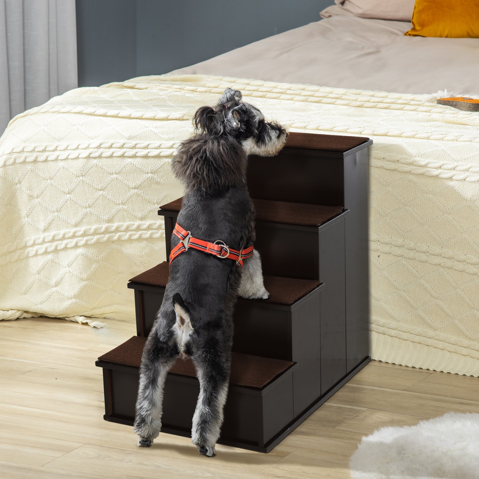 Pet Stairs Dog Steps for High Bed, 4 Levels Dog Stairs for Car, Wooden Cat Ladder with Non-Slip Carpet, 15.7" L x 23.2" W x 21.3" H, Dark Coffee