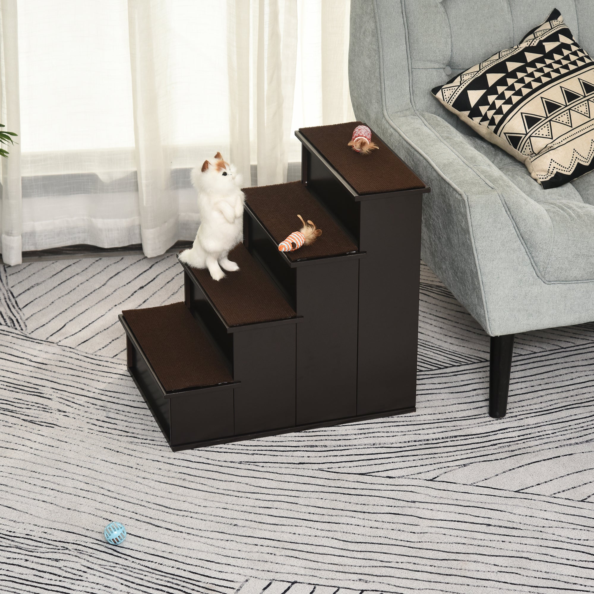 Pet Stairs Dog Steps for High Bed, 4 Levels Dog Stairs for Car, Wooden Cat Ladder with Non-Slip Carpet, 15.7" L x 23.2" W x 21.3" H, Dark Coffee