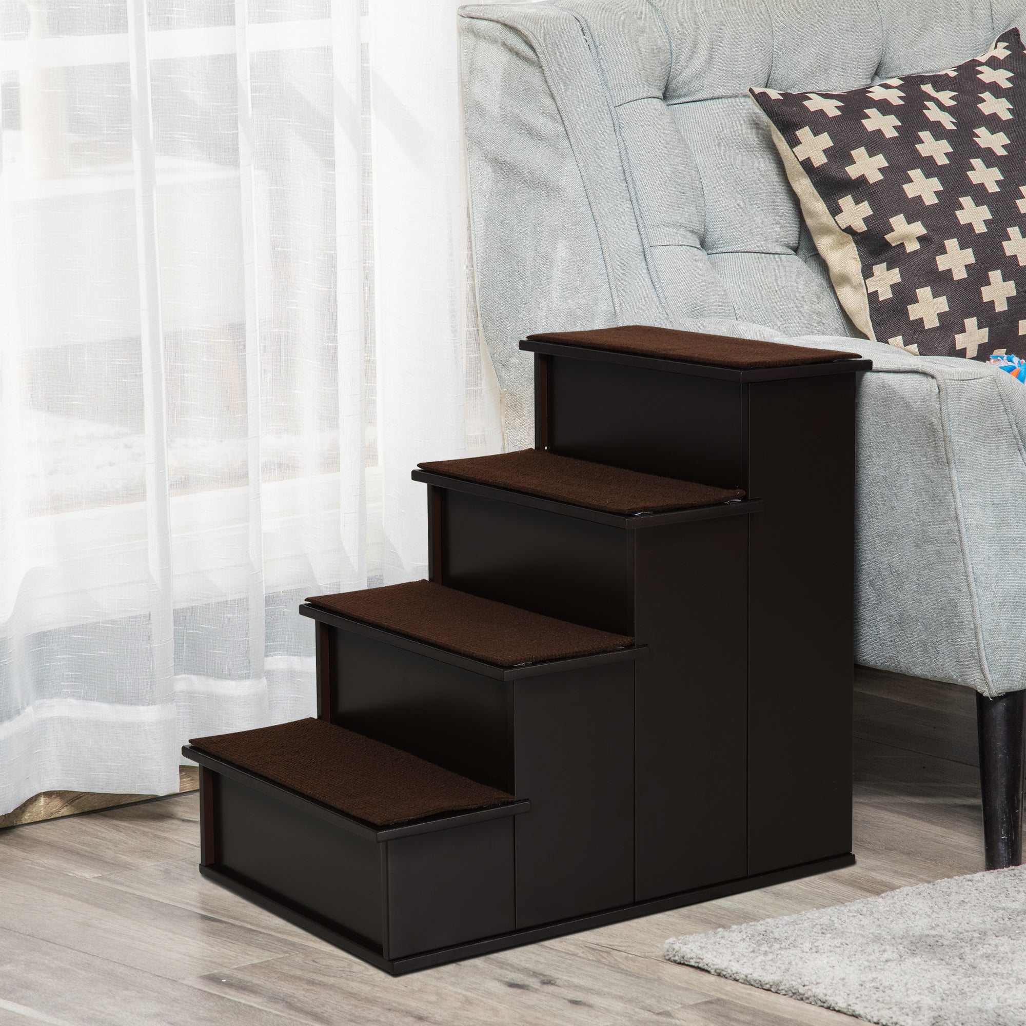 Pet Stairs Dog Steps for High Bed, 4 Levels Dog Stairs for Car, Wooden Cat Ladder with Non-Slip Carpet, 15.7" L x 23.2" W x 21.3" H, Dark Coffee