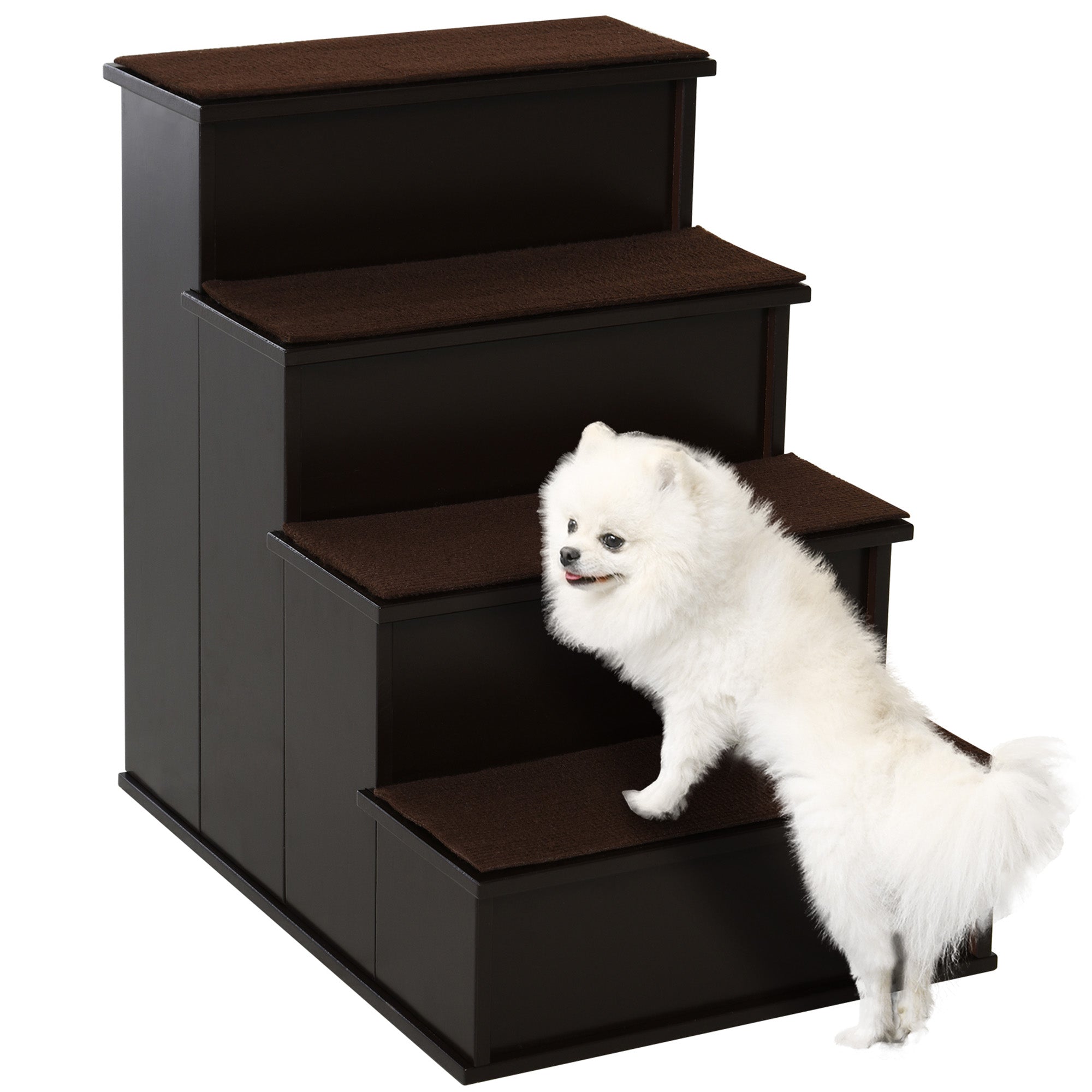 Pet Stairs Dog Steps for High Bed, 4 Levels Dog Stairs for Car, Wooden Cat Ladder with Non-Slip Carpet, 15.7" L x 23.2" W x 21.3" H, Dark Coffee