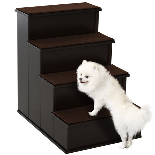 Pet Stairs Dog Steps for High Bed, 4 Levels Dog Stairs for Car, Wooden Cat Ladder with Non-Slip Carpet, 15.7" L x 23.2" W x 21.3" H, Dark Coffee