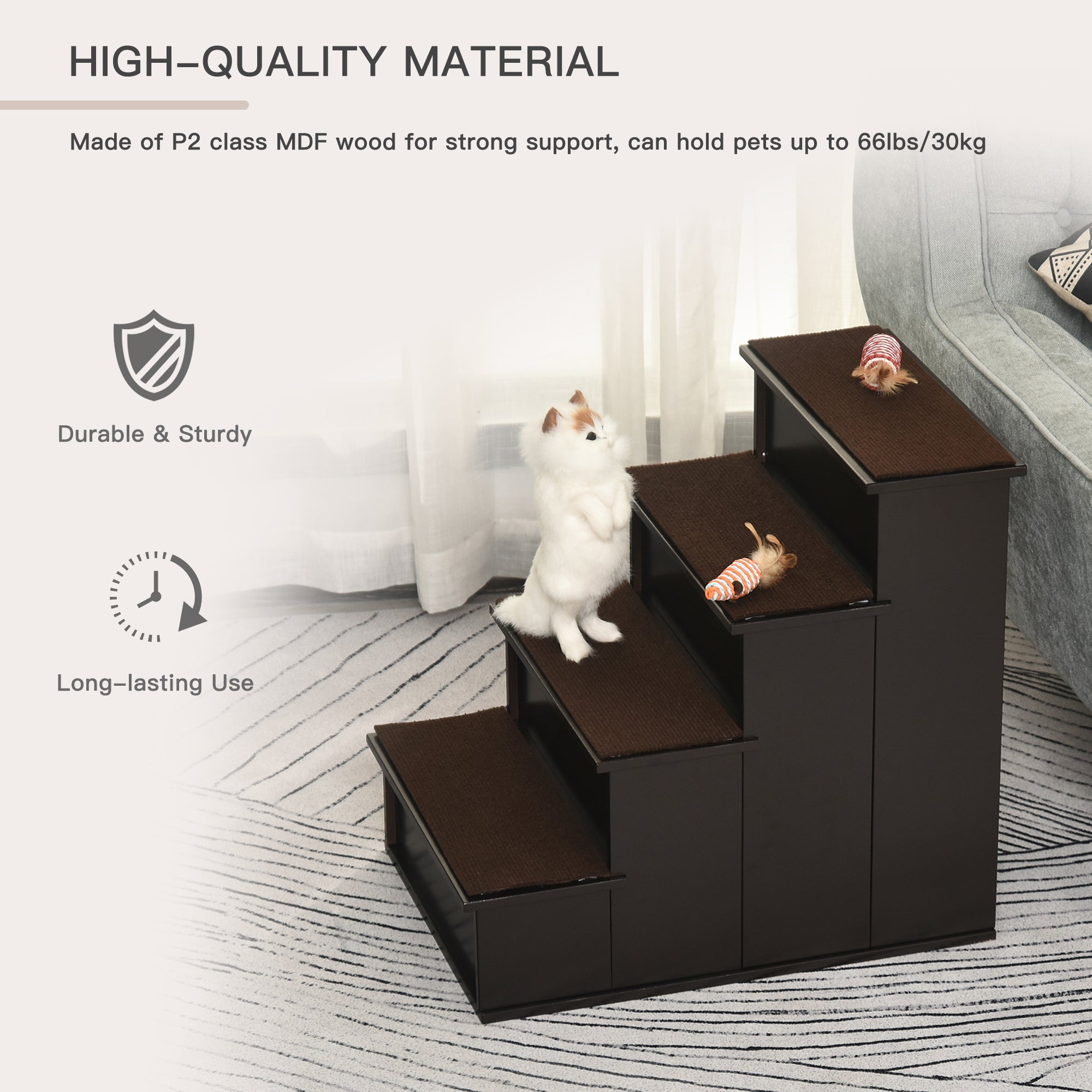Pet Stairs Dog Steps for High Bed, 4 Levels Dog Stairs for Car, Wooden Cat Ladder with Non-Slip Carpet, 15.7" L x 23.2" W x 21.3" H, Dark Coffee