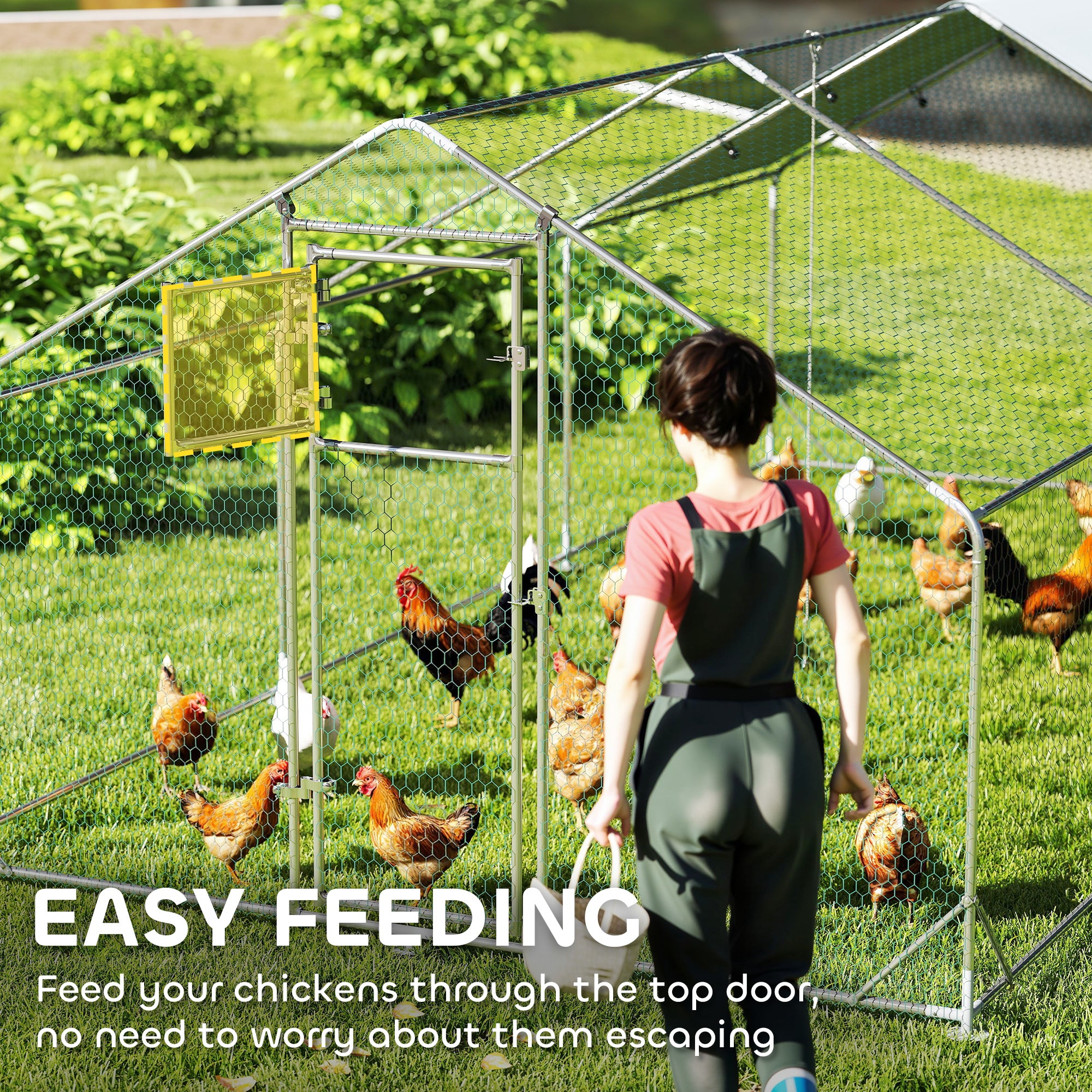 Chicken Run, Large Metal Chicken Coop with Feeding Door, Waterproof & UV-Resistant Cover, Hanging Feeder, Perch, Poultry Cage for Outdoor, Backyard, Farm, for 18-24 Chickens