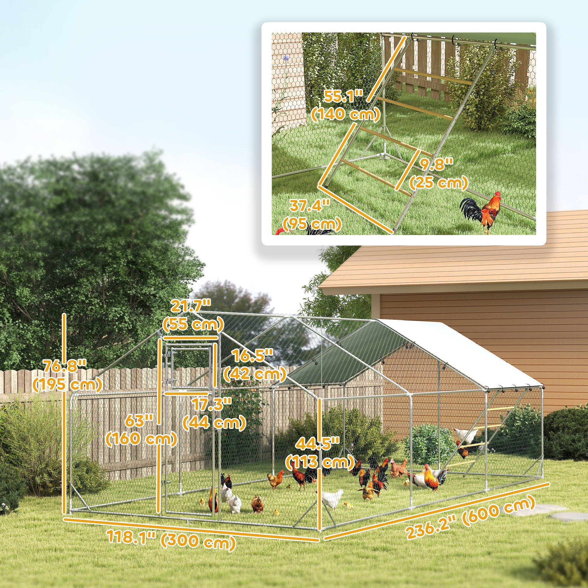 Chicken Run, Large Metal Chicken Coop with Feeding Door, Waterproof & UV-Resistant Cover, Hanging Feeder, Perch, Poultry Cage for Outdoor, Backyard, Farm, for 18-24 Chickens