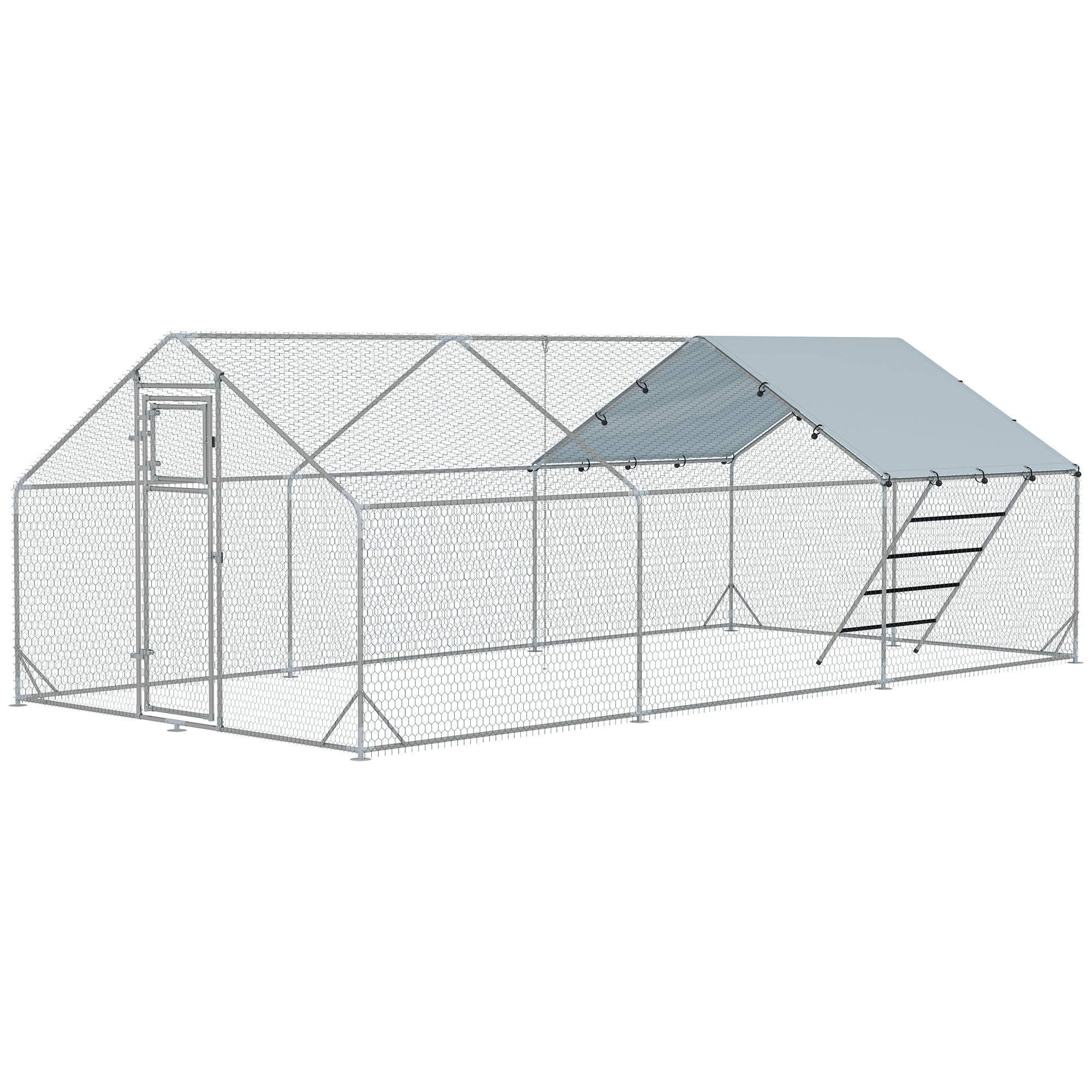 Chicken Run, Large Metal Chicken Coop with Feeding Door, Waterproof & UV-Resistant Cover, Hanging Feeder, Perch, Poultry Cage for Outdoor, Backyard, Farm, for 18-24 Chickens