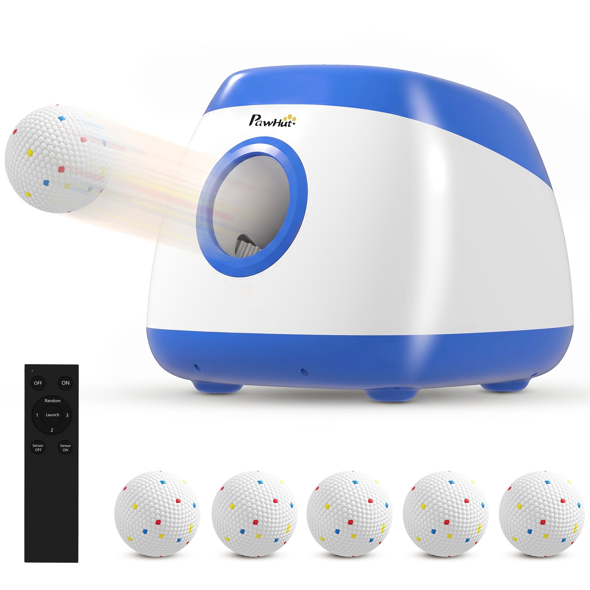 Automatic Dog Ball Launcher, Rechargeable Dog Ball Thrower with Remote Control, 3 Adjustable Distance (39ft/59ft/78ft), 6 ETPU Tennis Fetch Toys 2.5", for Medium Large Breeds, Blue