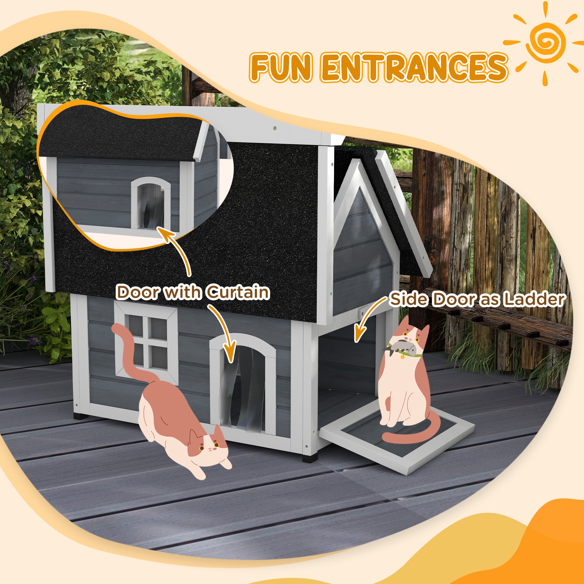 Outdoor Cat House, Wooden Feral Cat Shelter, Water-Resistant Hide Home with Openable Asphalt Roof, Three Doors, 77 x 57.5 x 68cm - Grey