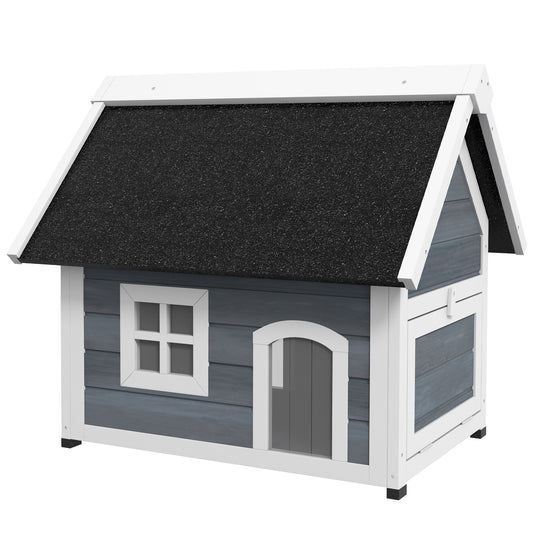 Outdoor Cat House, Wooden Feral Cat Shelter, Water-Resistant Hide Home with Openable Asphalt Roof, Three Doors, 77 x 57.5 x 68cm - Grey