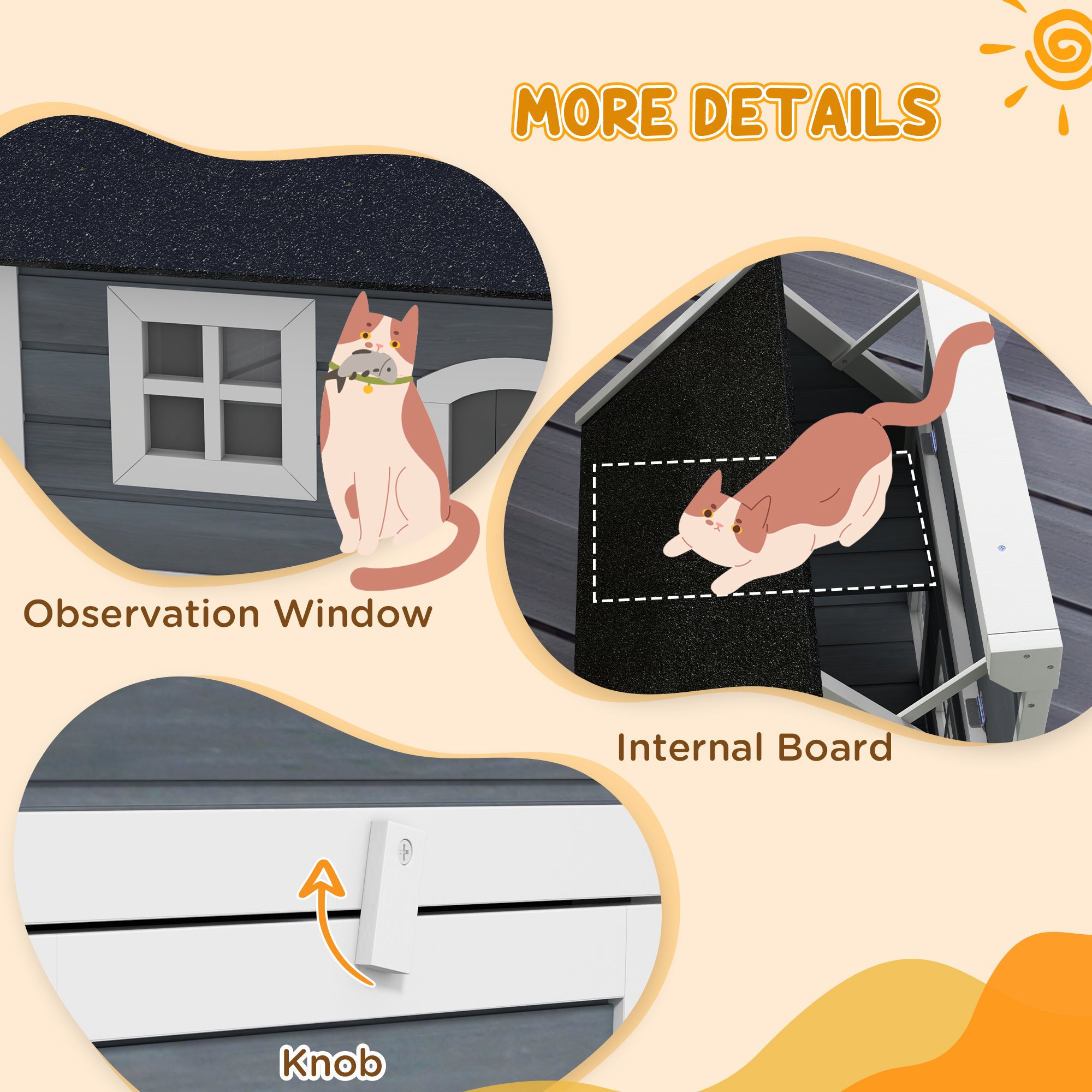 Outdoor Cat House, Wooden Feral Cat Shelter, Water-Resistant Hide Home with Openable Asphalt Roof, Three Doors, 77 x 57.5 x 68cm - Grey