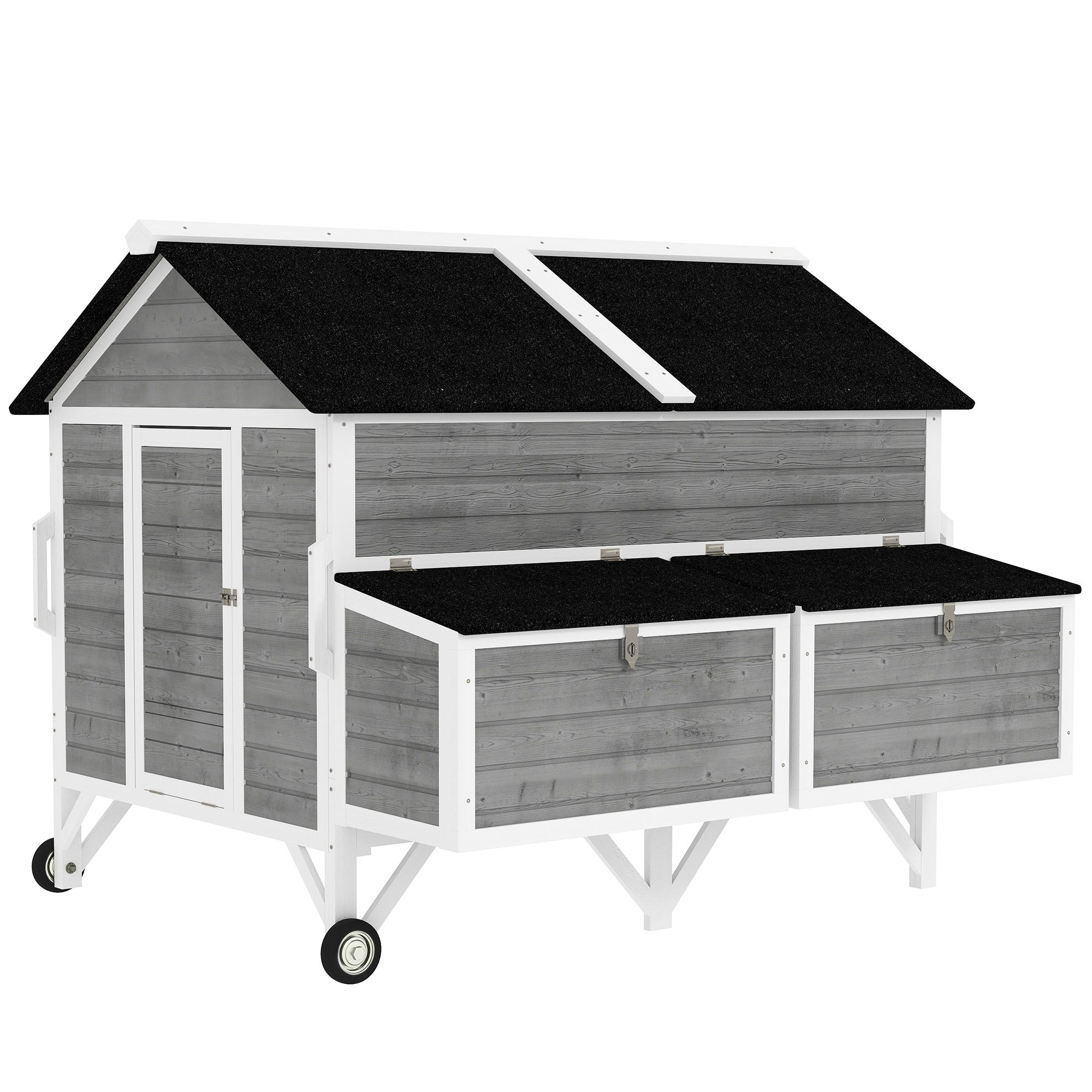 59" Wooden Chicken Coop with Wheels and Handles, Mobile Chicken House with 2 Nesting Boxes, 2 Trays, 4 Perches, Chicken Tractor for 4-6 Chickens, Small Animals, Rabbit Hutch for Backyard, Gray