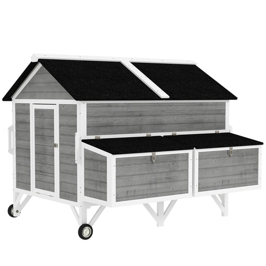 59" Wooden Chicken Coop with Wheels and Handles, Mobile Chicken House with 2 Nesting Boxes, 2 Trays, 4 Perches, Chicken Tractor for 4-6 Chickens, Small Animals, Rabbit Hutch for Backyard, Gray