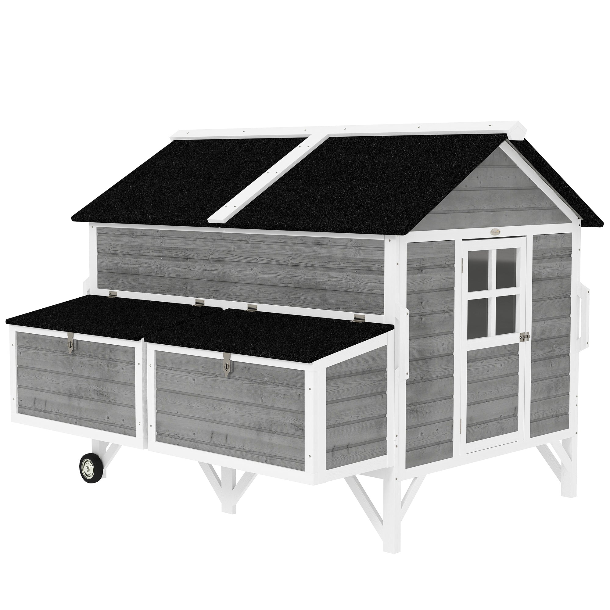 59" Wooden Chicken Coop with Wheels and Handles, Mobile Chicken House with 2 Nesting Boxes, 2 Trays, 4 Perches, Chicken Tractor for 4-6 Chickens, Small Animals, Rabbit Hutch for Backyard, Gray