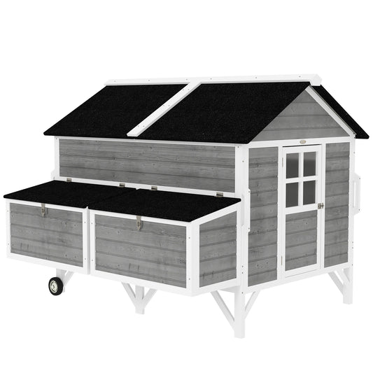 59" Wooden Chicken Coop with Wheels and Handles, Mobile Chicken House with 2 Nesting Boxes, 2 Trays, 4 Perches, Chicken Tractor for 4-6 Chickens, Small Animals, Rabbit Hutch for Backyard, Gray