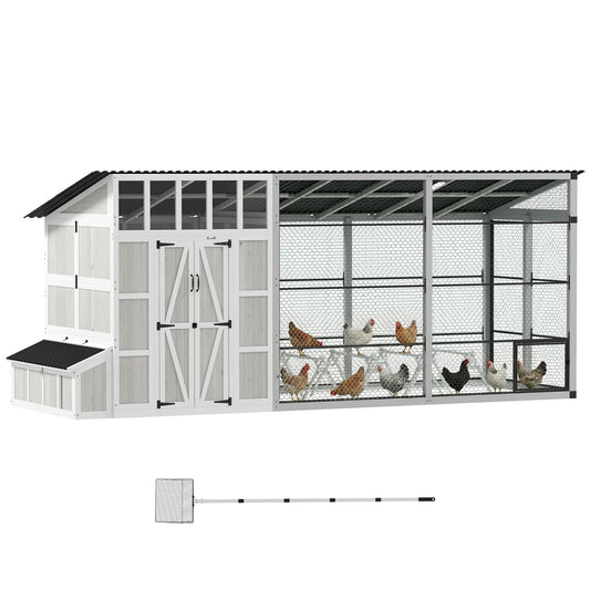 212"L Large Chicken Coop for 10-15 Hens, Walk-in Outdoor Chicken House with Run, Nesting Box, Waterproof Roof, Perches, Wooden Hen House Poultry Cage for Ducks, Rabbits, Light Gray