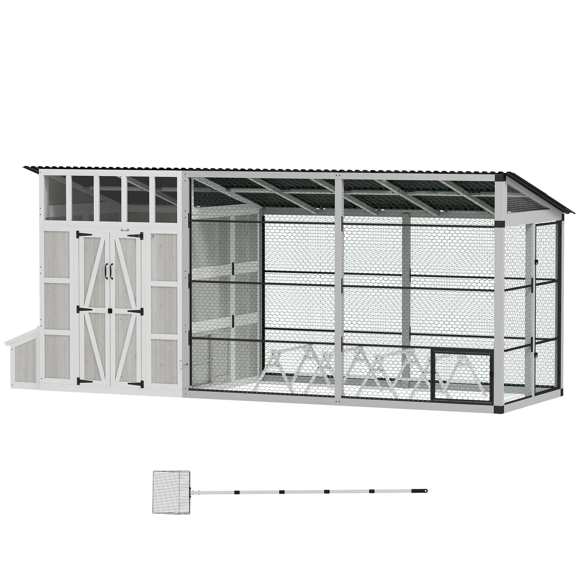 212"L Large Chicken Coop for 10-15 Hens, Walk-in Outdoor Chicken House with Run, Nesting Box, Waterproof Roof, Perches, Wooden Hen House Poultry Cage for Ducks, Rabbits, Light Gray