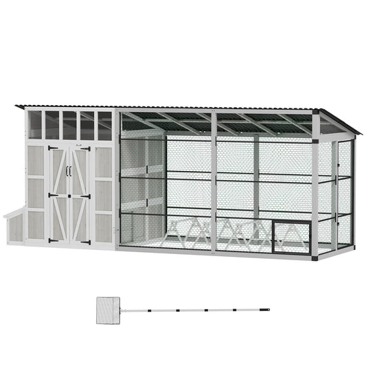 212"L Large Chicken Coop for 10-15 Hens, Walk-in Outdoor Chicken House with Run, Nesting Box, Waterproof Roof, Perches, Wooden Hen House Poultry Cage for Ducks, Rabbits, Light Gray