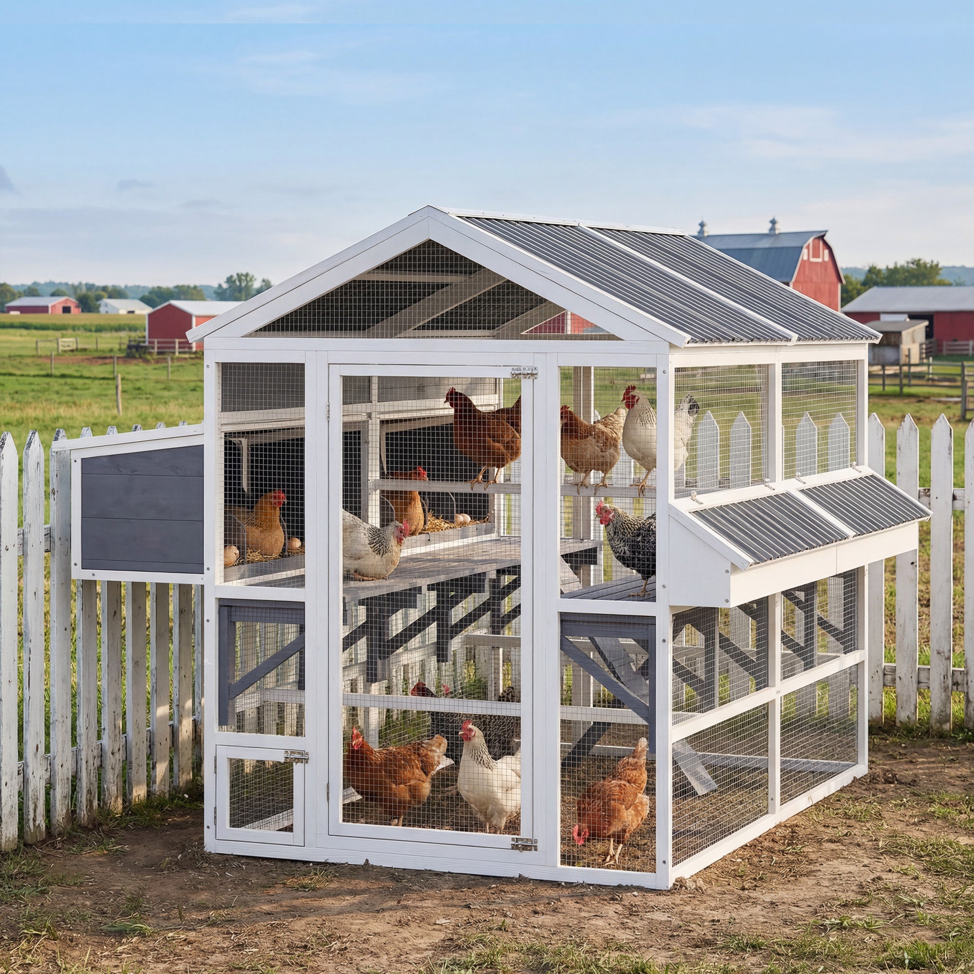 Wooden Chicken Coop, Large Outdoor Hen House with 2 Feeders, 2 Nesting Boxes, 2 Roosting Bars, Ramps, Waterproof Roof, Poultry Cage for 6-8 Chickens, 95" x 69" x 59"