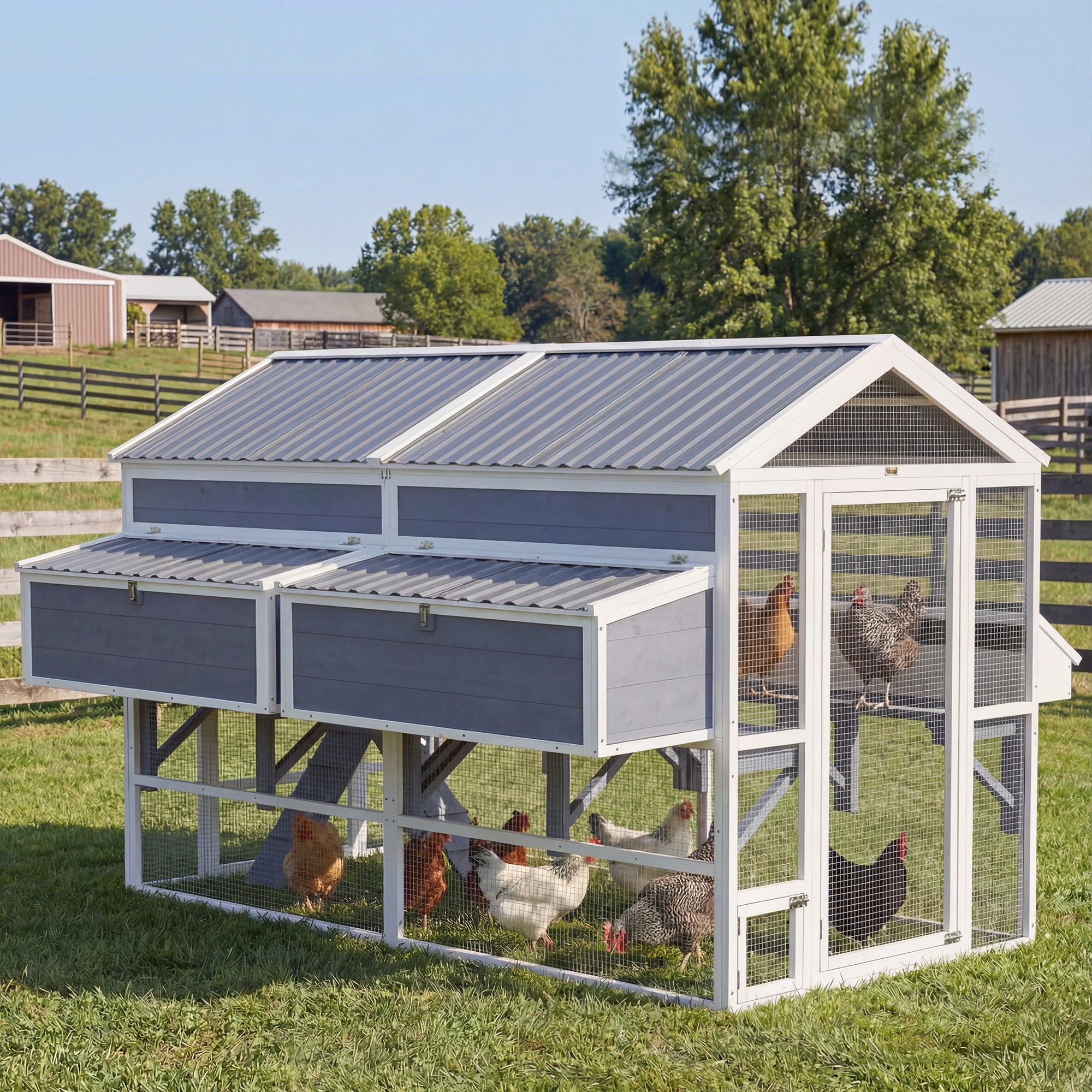 Wooden Chicken Coop, Large Outdoor Hen House with 2 Feeders, 2 Nesting Boxes, 2 Roosting Bars, Ramps, Waterproof Roof, Poultry Cage for 6-8 Chickens, 95" x 69" x 59"
