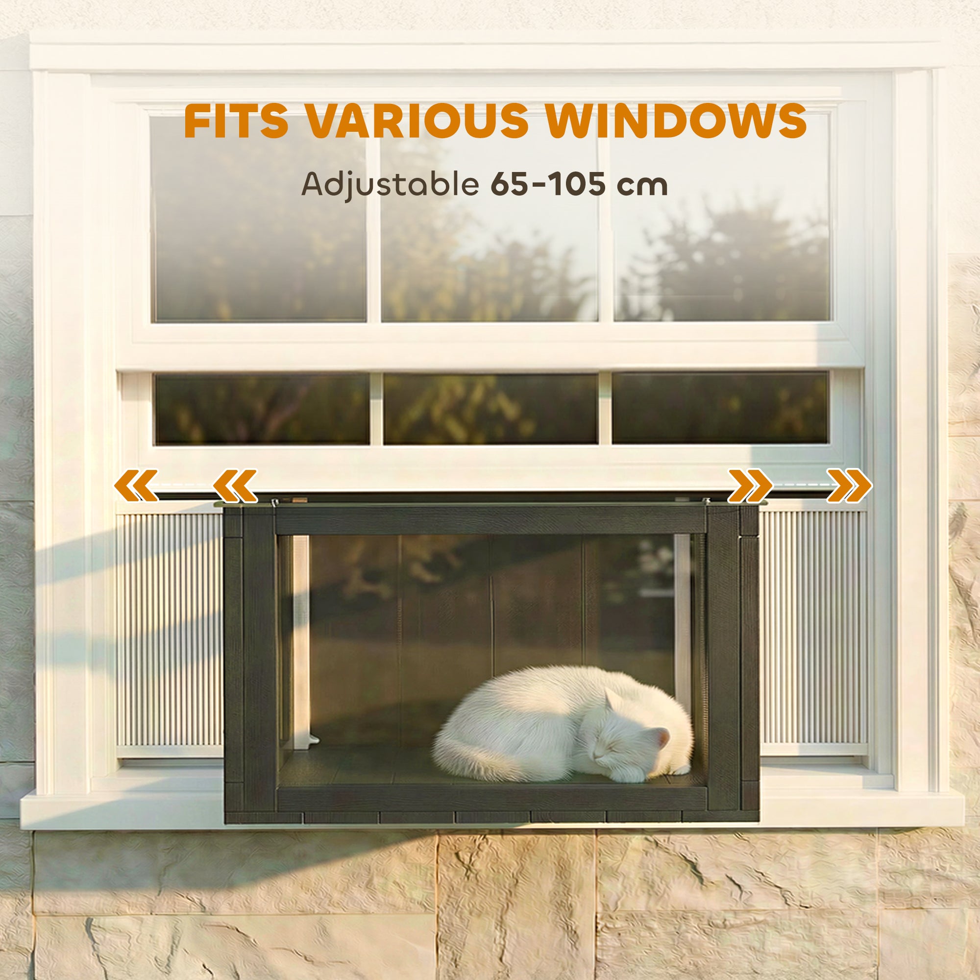 Cat Window Box Catio, Outdoor Indoor Cat Enclosure with Clear Panels, Universal Window Perch for Wall 25"–41", Catio for Indoor Pet Sunbathing, Napping & Overlooking