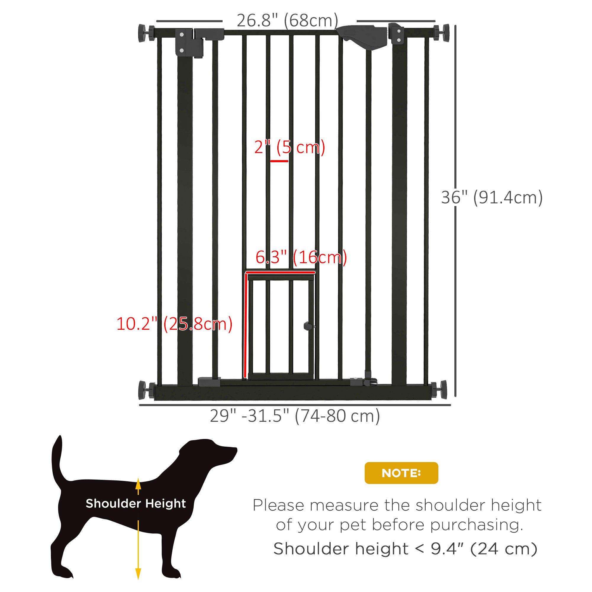 36"H Dog Gate with Cat Door, Pet Gate with Small Door, Easy Open Indoor Dog Gates for Doorways, House, Stair, 29"-31.5" Long, Black