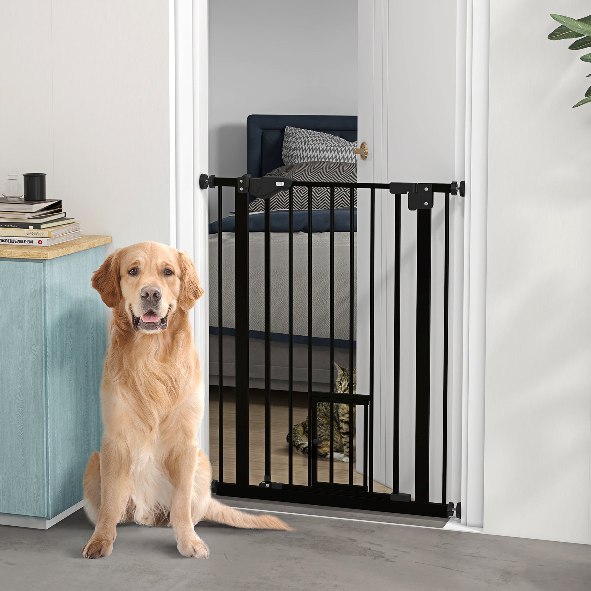 36"H Dog Gate with Cat Door, Pet Gate with Small Door, Easy Open Indoor Dog Gates for Doorways, House, Stair, 29"-31.5" Long, Black