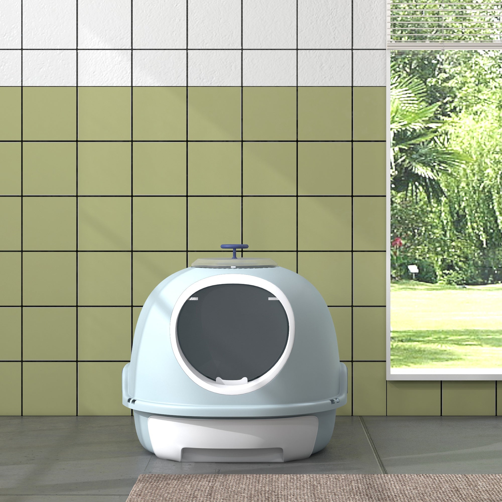 Enclosed Cat Litter Box, Covered Litter Box with Lid and Scoop, Cat Box Enclosure with Pull-out Drawer Type, Front Door and Skylight, Easy to Clean, Blue