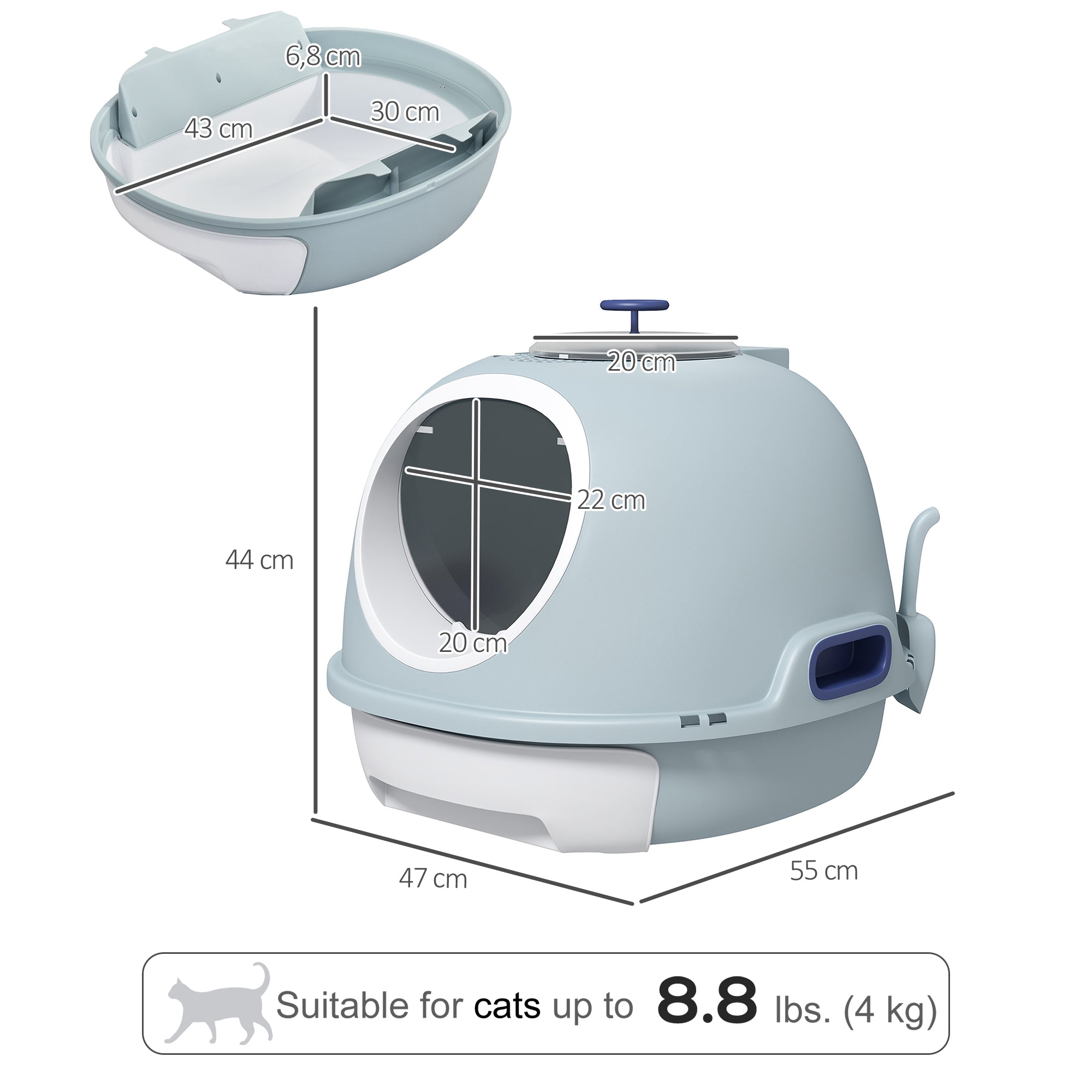Enclosed Cat Litter Box, Covered Litter Box with Lid and Scoop, Cat Box Enclosure with Pull-out Drawer Type, Front Door and Skylight, Easy to Clean, Blue