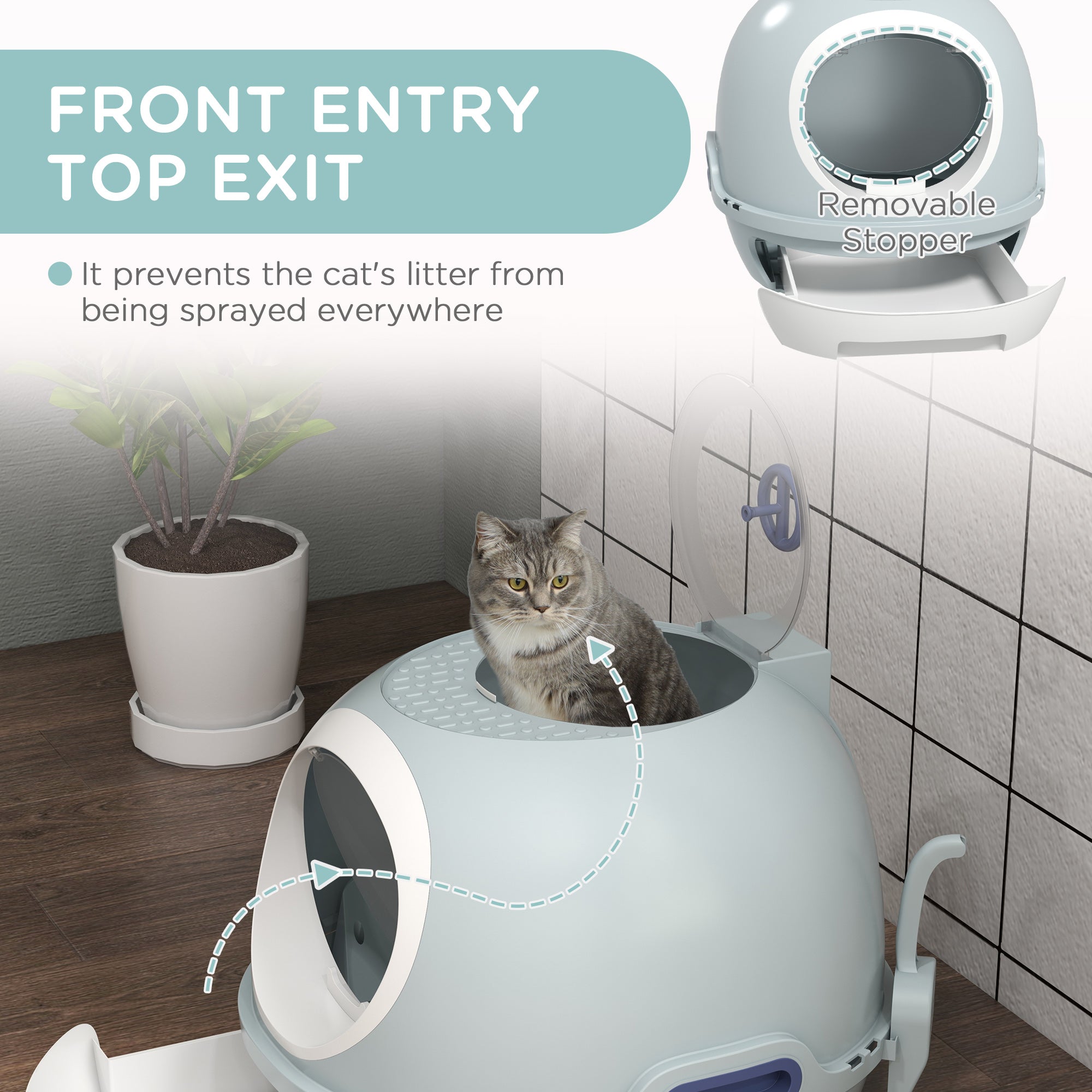 Enclosed Cat Litter Box, Covered Litter Box with Lid and Scoop, Cat Box Enclosure with Pull-out Drawer Type, Front Door and Skylight, Easy to Clean, Blue