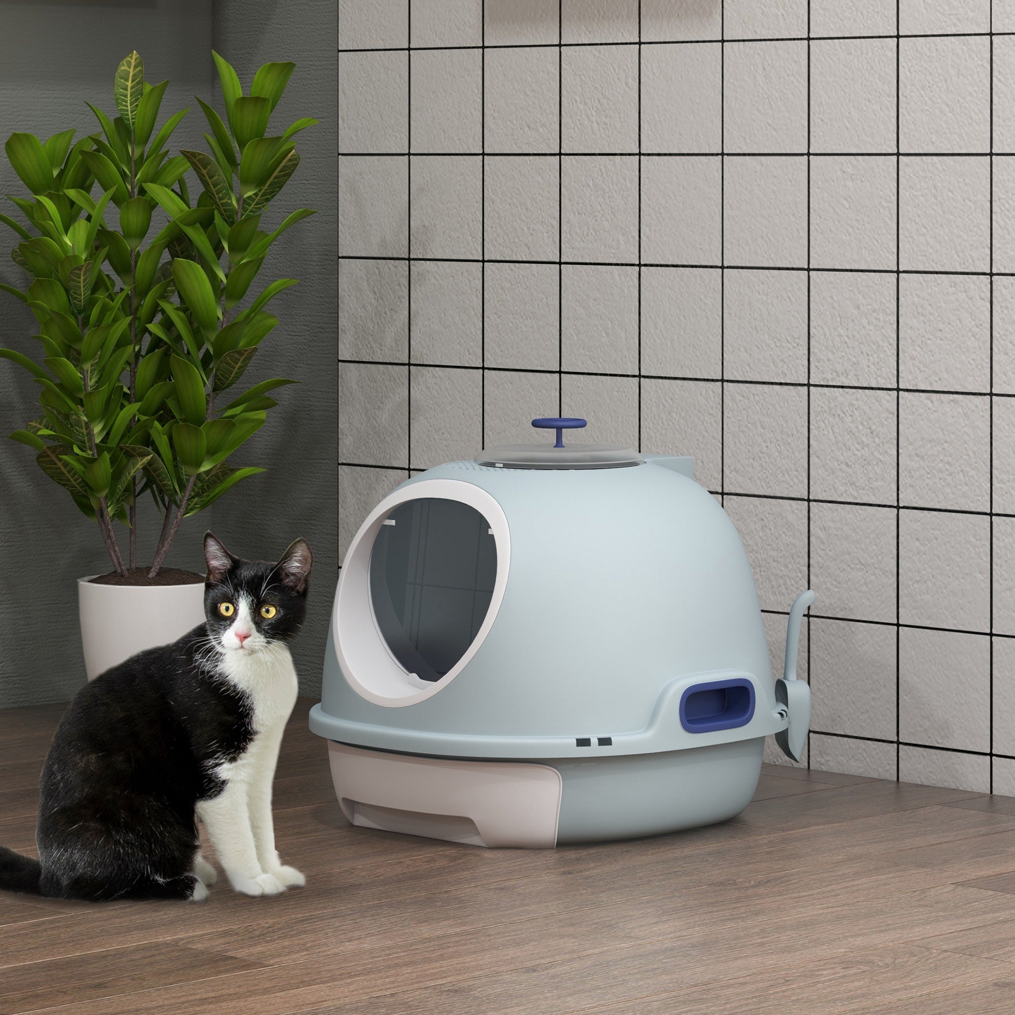 Enclosed Cat Litter Box, Covered Litter Box with Lid and Scoop, Cat Box Enclosure with Pull-out Drawer Type, Front Door and Skylight, Easy to Clean, Blue