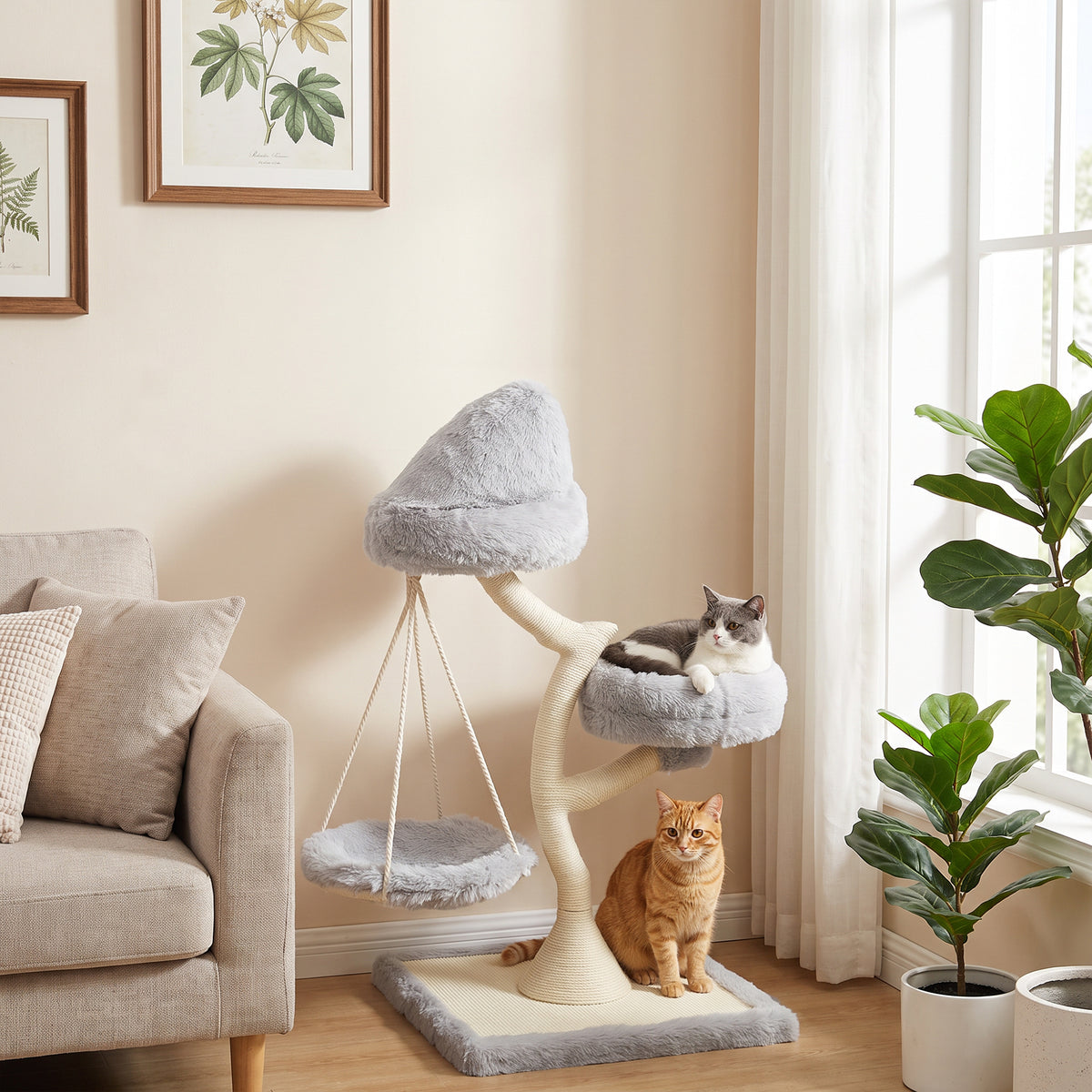 Modern Cat Tree Tower 115 cm Branch Design with Washable Beds, Cat Tower with Sisal Scratching Post, Holds 1 Cat up to 6kg