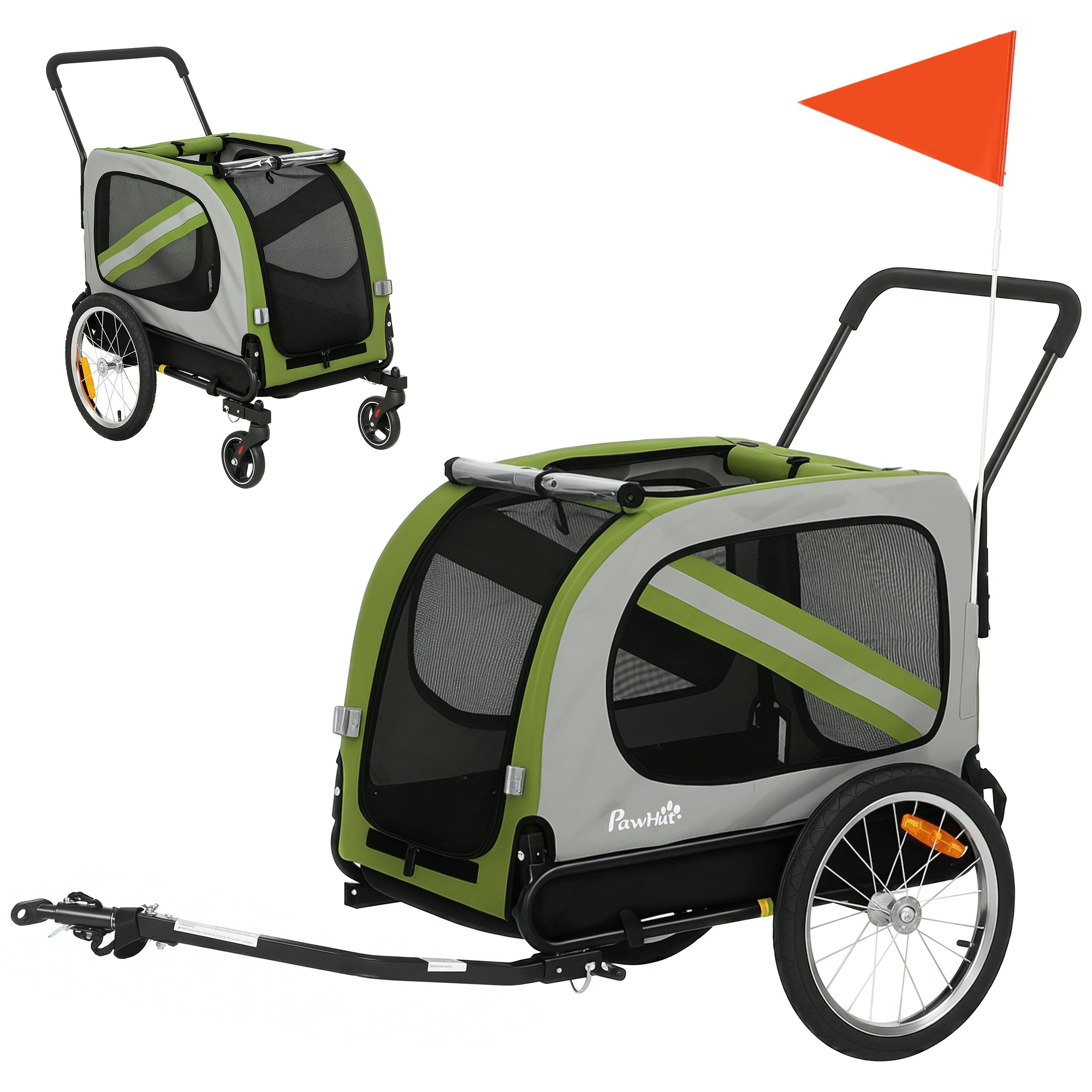 Dog Bike Trailer, 2-in-1 Dog Wagon Pet Stroller for Travel with Universal Wheel Reflectors Flag, for Small and Medium Pets, Green