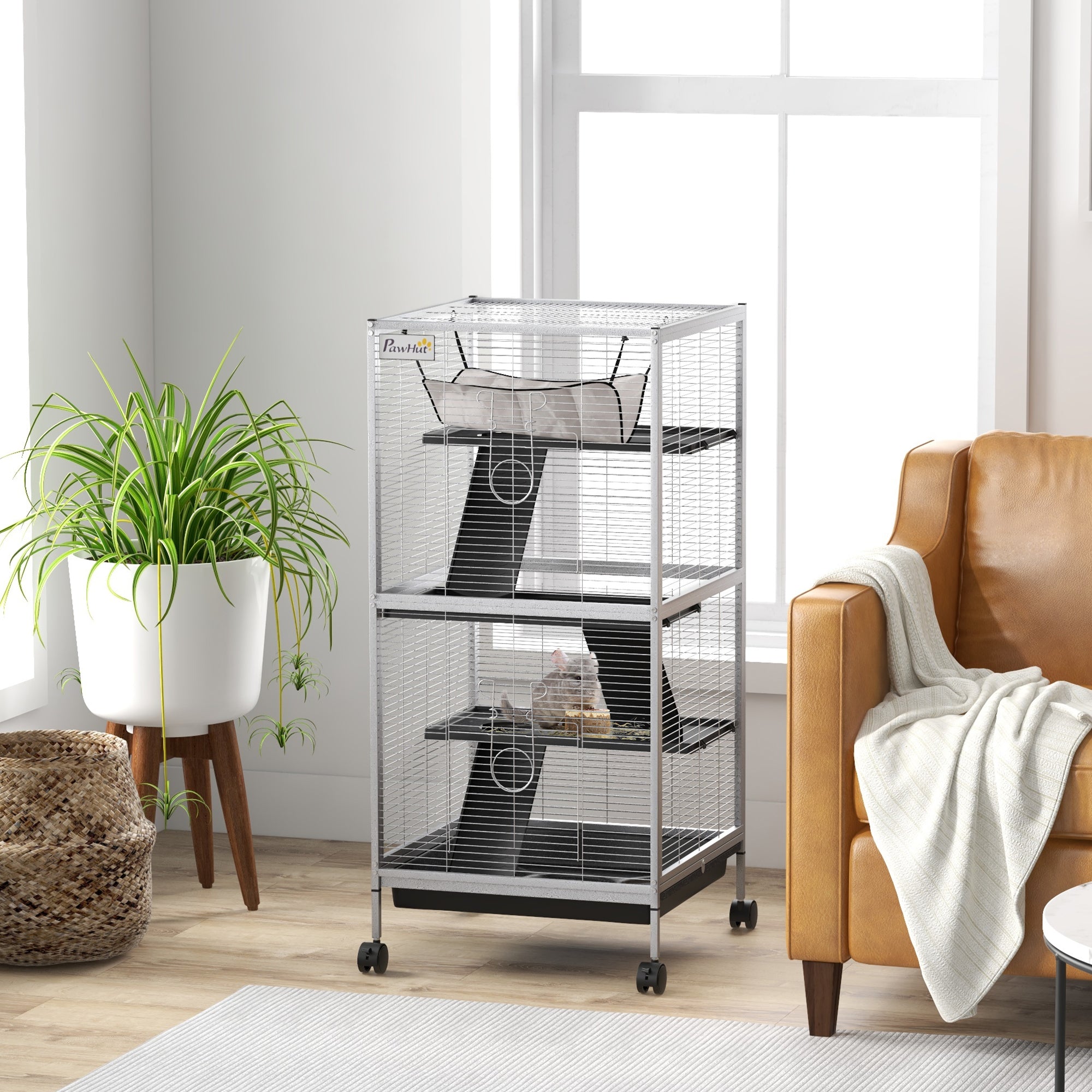 4-Tier Rolling Small Animal Cage, Deluxe Guinea Pig Cage, Ferret Cage for Mink Chinchilla Kitten Rabbit, Small Pet Play House with Hammock Platform, Ramp, Removable Tray, Light Grey