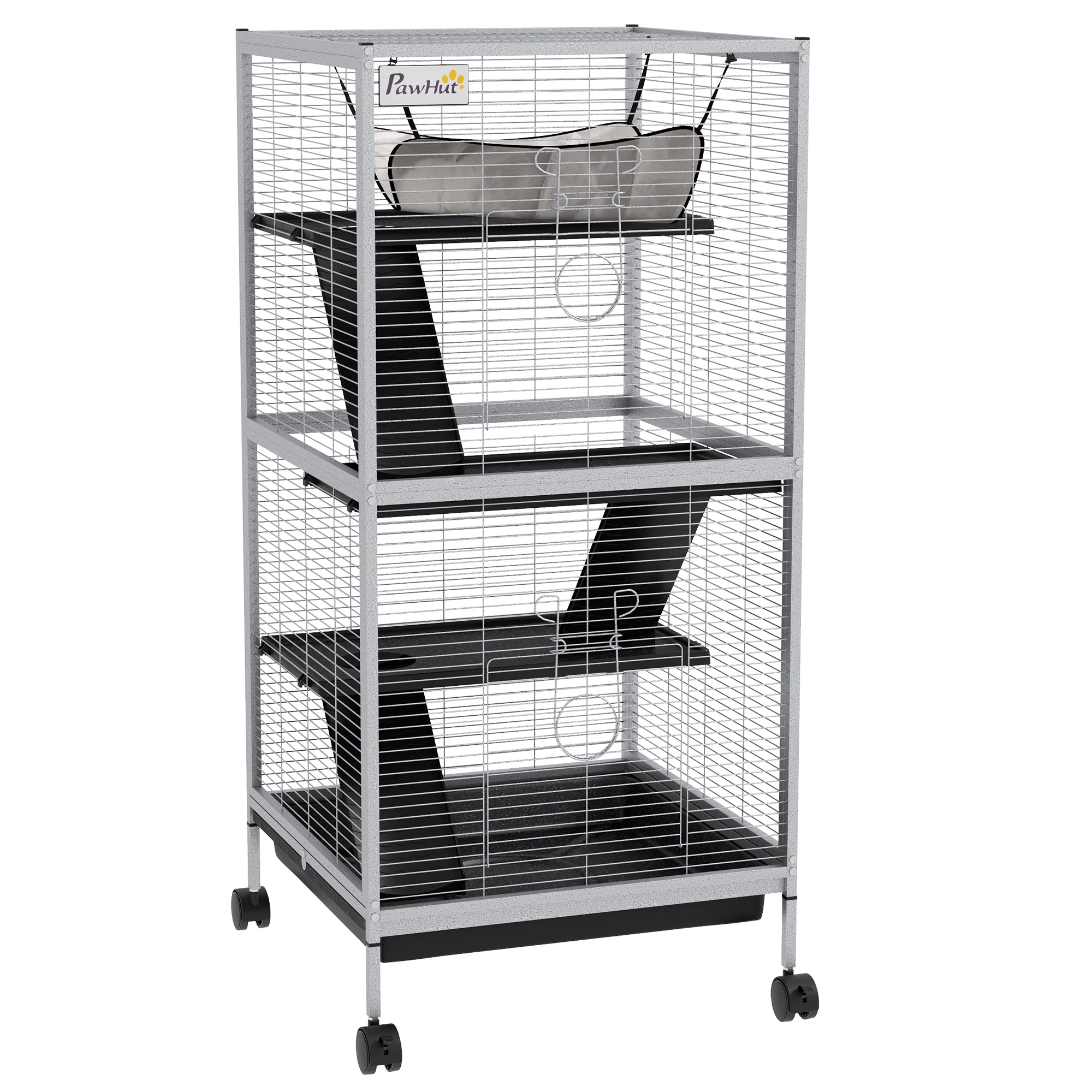 4-Tier Rolling Small Animal Cage, Deluxe Guinea Pig Cage, Ferret Cage for Mink Chinchilla Kitten Rabbit, Small Pet Play House with Hammock Platform, Ramp, Removable Tray, Light Grey