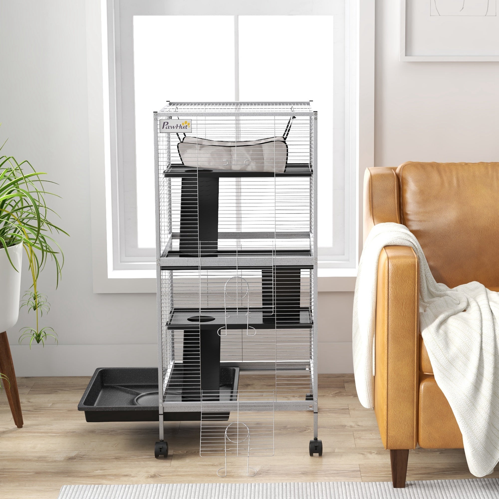 4-Tier Rolling Small Animal Cage, Deluxe Guinea Pig Cage, Ferret Cage for Mink Chinchilla Kitten Rabbit, Small Pet Play House with Hammock Platform, Ramp, Removable Tray, Light Grey