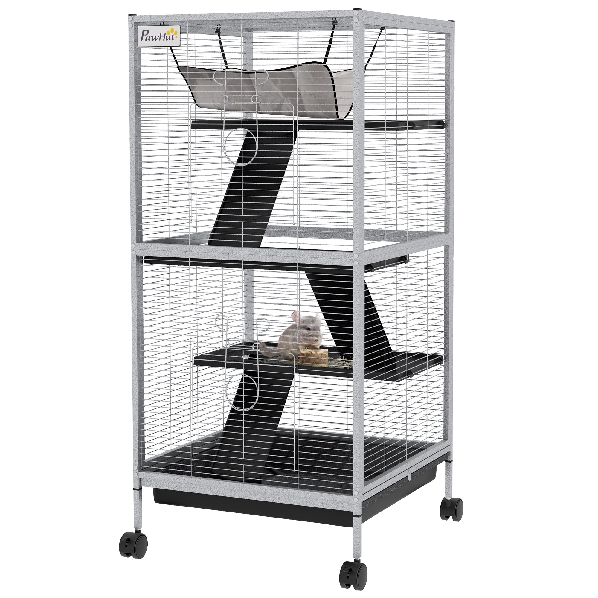 4-Tier Rolling Small Animal Cage, Deluxe Guinea Pig Cage, Ferret Cage for Mink Chinchilla Kitten Rabbit, Small Pet Play House with Hammock Platform, Ramp, Removable Tray, Light Grey