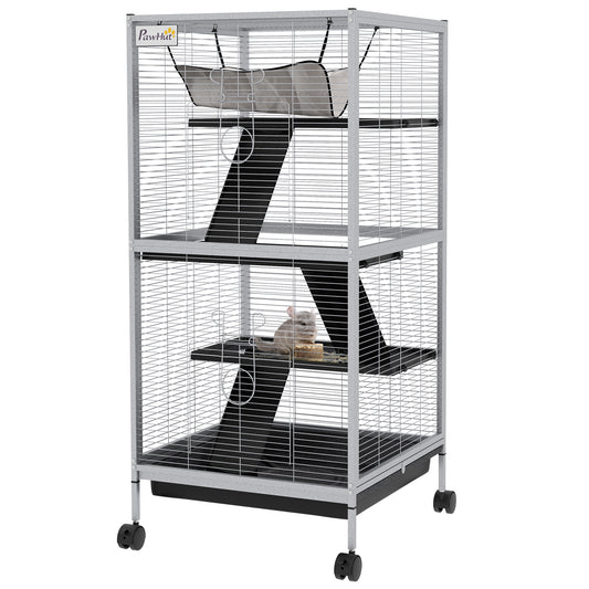 4-Tier Rolling Small Animal Cage, Deluxe Guinea Pig Cage, Ferret Cage for Mink Chinchilla Kitten Rabbit, Small Pet Play House with Hammock Platform, Ramp, Removable Tray, Light Grey