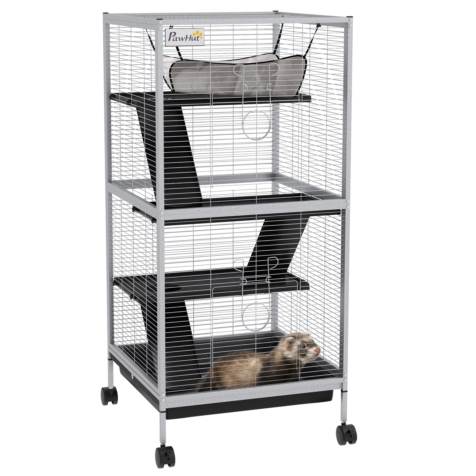 4-Tier Rolling Small Animal Cage, Deluxe Guinea Pig Cage, Ferret Cage for Mink Chinchilla Kitten Rabbit, Small Pet Play House with Hammock Platform, Ramp, Removable Tray, Light Grey