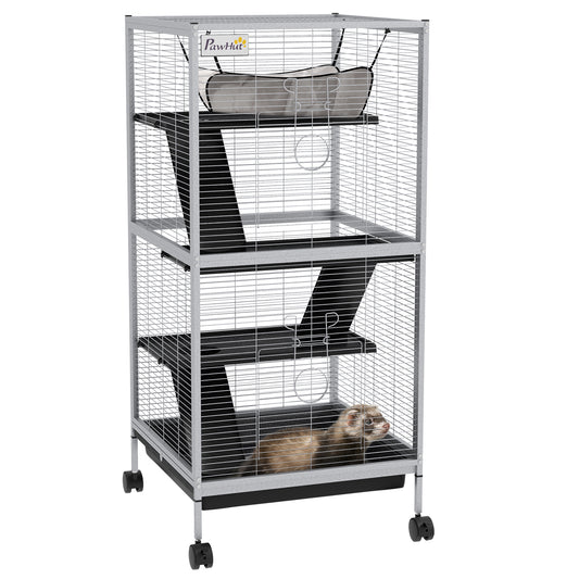 4-Tier Rolling Small Animal Cage, Deluxe Guinea Pig Cage, Ferret Cage for Mink Chinchilla Kitten Rabbit, Small Pet Play House with Hammock Platform, Ramp, Removable Tray, Light Grey
