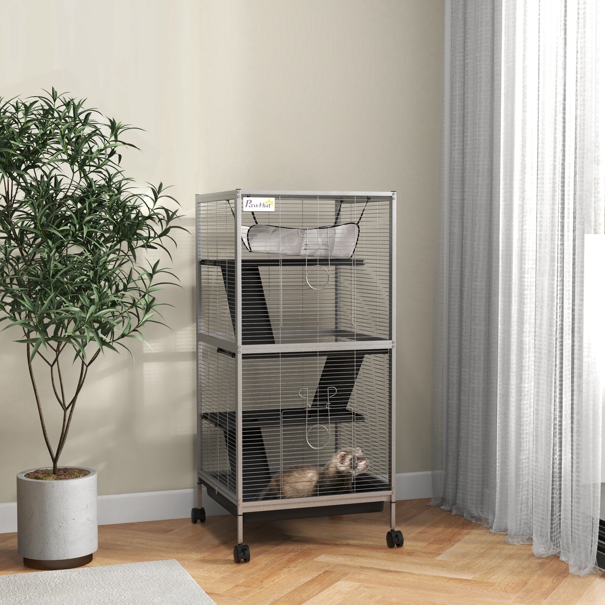 4-Tier Rolling Small Animal Cage, Deluxe Guinea Pig Cage, Ferret Cage for Mink Chinchilla Kitten Rabbit, Small Pet Play House with Hammock Platform, Ramp, Removable Tray, Light Grey