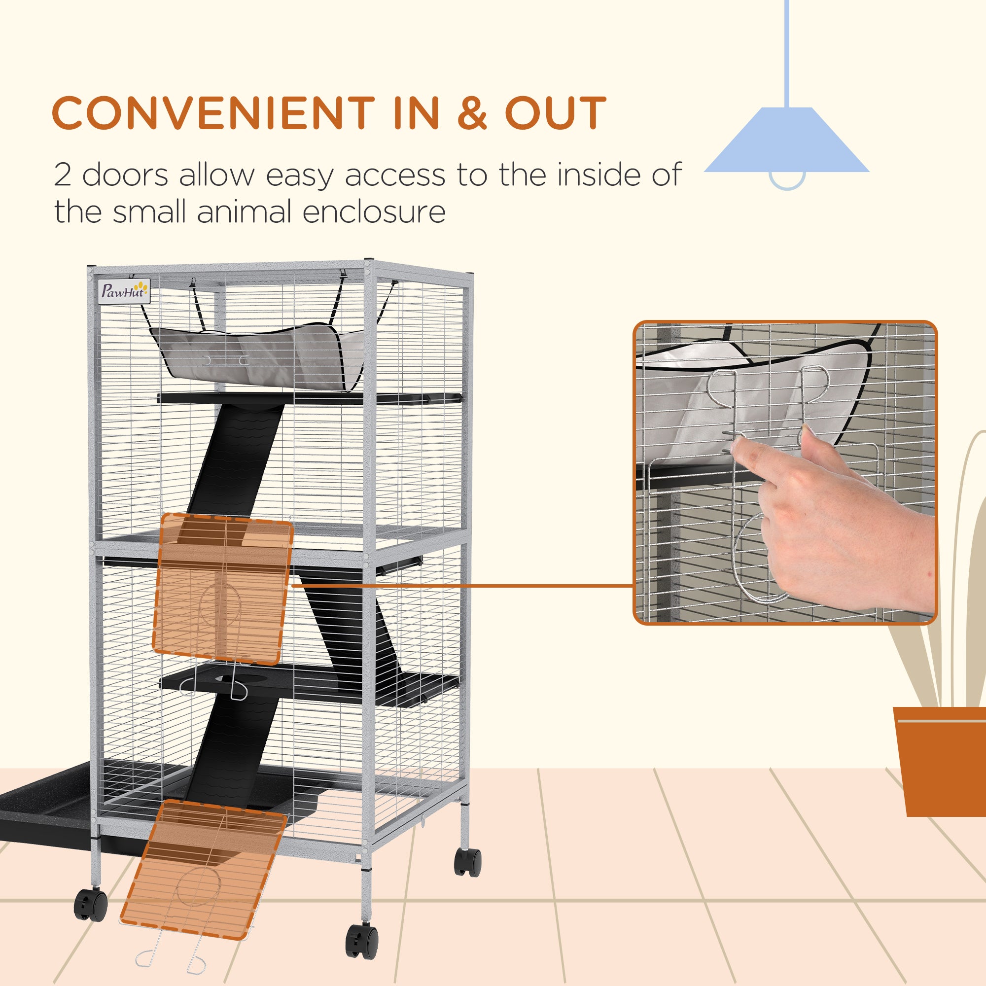 4-Tier Rolling Small Animal Cage, Deluxe Guinea Pig Cage, Ferret Cage for Mink Chinchilla Kitten Rabbit, Small Pet Play House with Hammock Platform, Ramp, Removable Tray, Light Grey