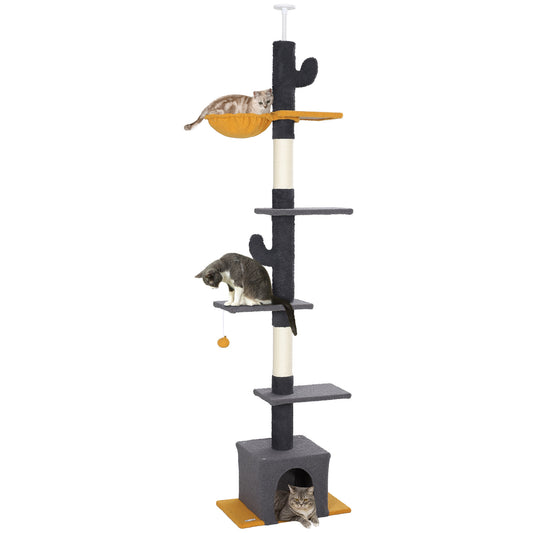 Floor to Ceiling Cat Tree, Cat Tower with 90.5"-108" Adjustable Height, 5 Tier Activity Centre with Scratching Posts, Hammock, Condo, Toy Ball for Indoor Cats, Dark Grey