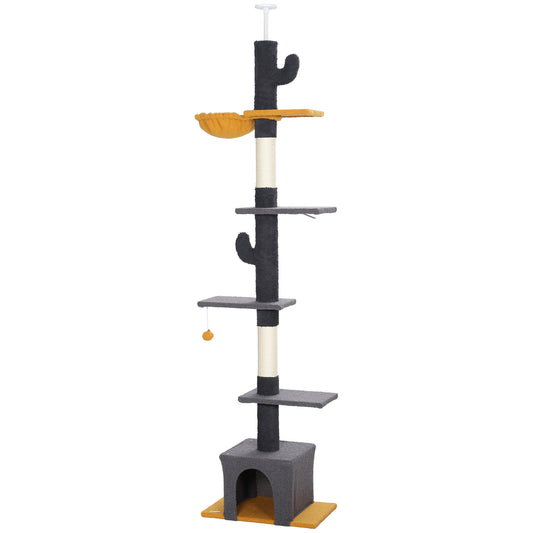 Floor to Ceiling Cat Tree, Cat Tower with 90.5"-108" Adjustable Height, 5 Tier Activity Centre with Scratching Posts, Hammock, Condo, Toy Ball for Indoor Cats, Dark Grey