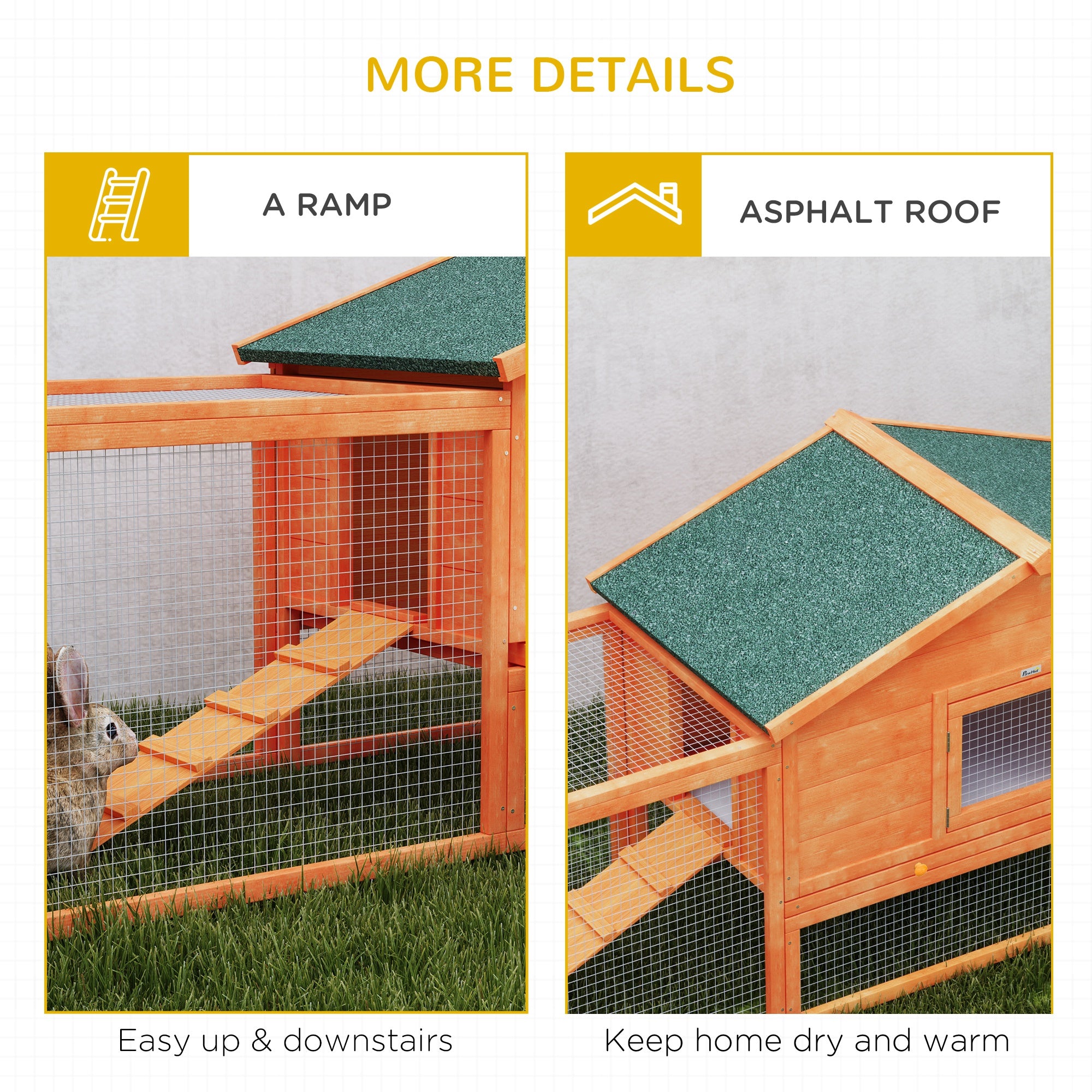 Rabbit Hutch Run, Guinea Pig Hutch Wooden Bunny House with Tray, Ramps, Asphalt Roof, for Garden, Yard, 309 x 70 x 87cm, Orange