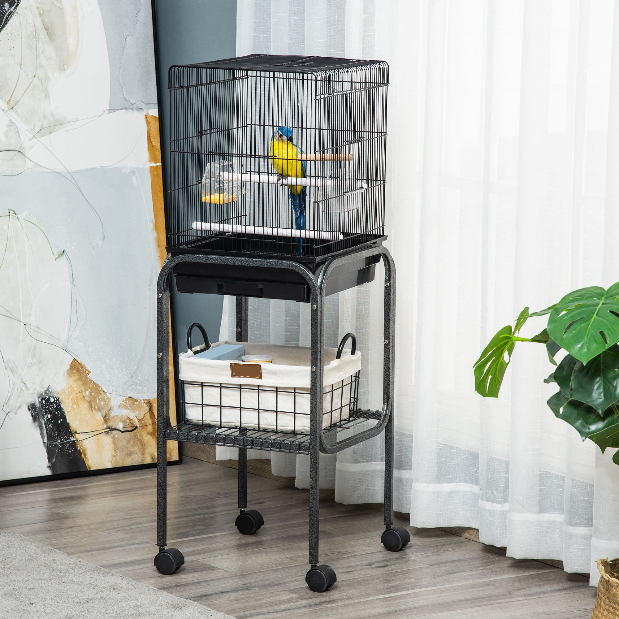 45-inch Metal Indoor Bird Cage, Parrot Cage, Bird Aviary with Detachable Rolling Stand, Storage Basket, and Accessories - Black