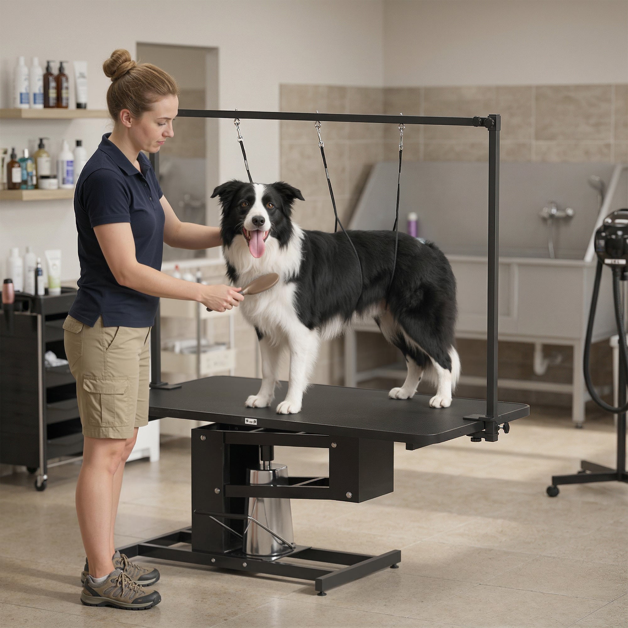 43" L Hydraulic Dog Grooming Table, Z-Lift Height Adjustable Pet Grooming Table with Noose and Non-Slip Tabletop for Medium Large Dogs, Black