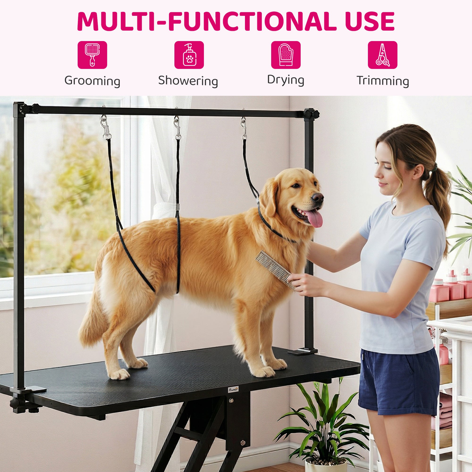 43" L Hydraulic Dog Grooming Table, Z-Lift Height Adjustable Pet Grooming Table with Noose and Non-Slip Tabletop for Medium Large Dogs, Black