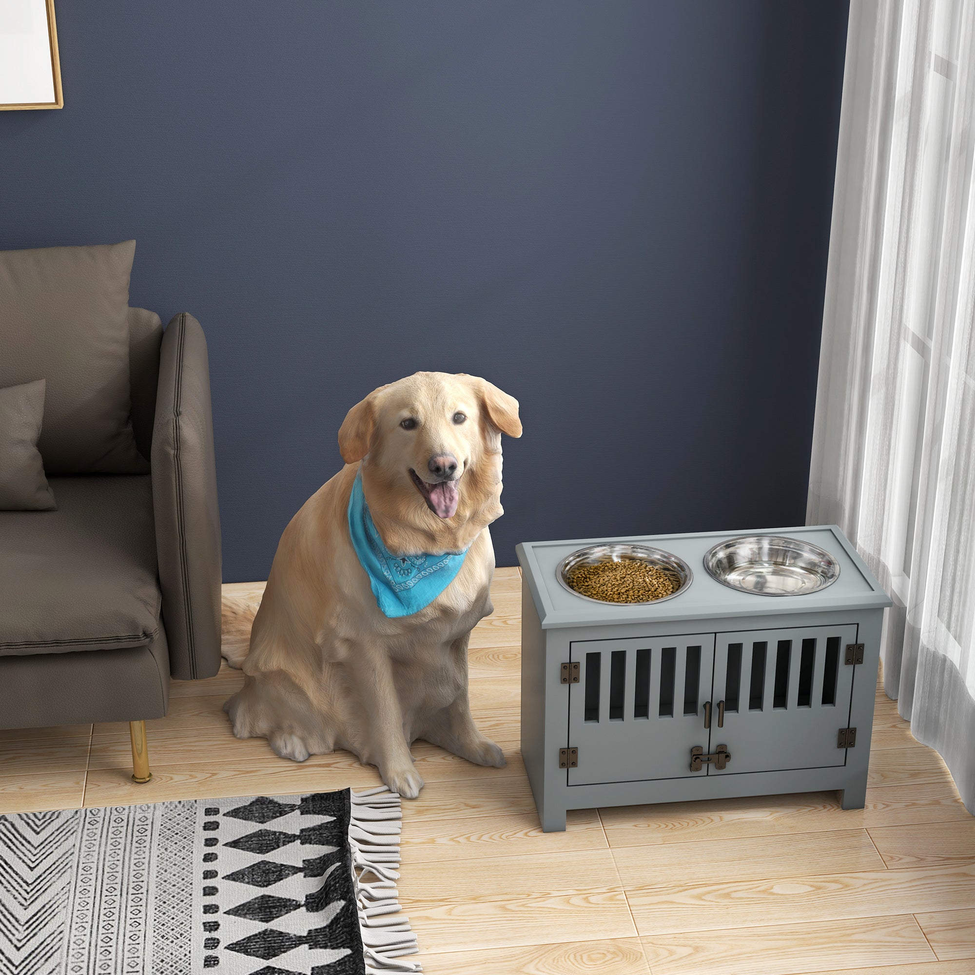 PawHut Large Elevated Dog Bowls with Storage Cabinet Containing Large 37L Capacity, Raised Dog Bowl Stand Pet Food Bowl Dog Feeding Station, Gray